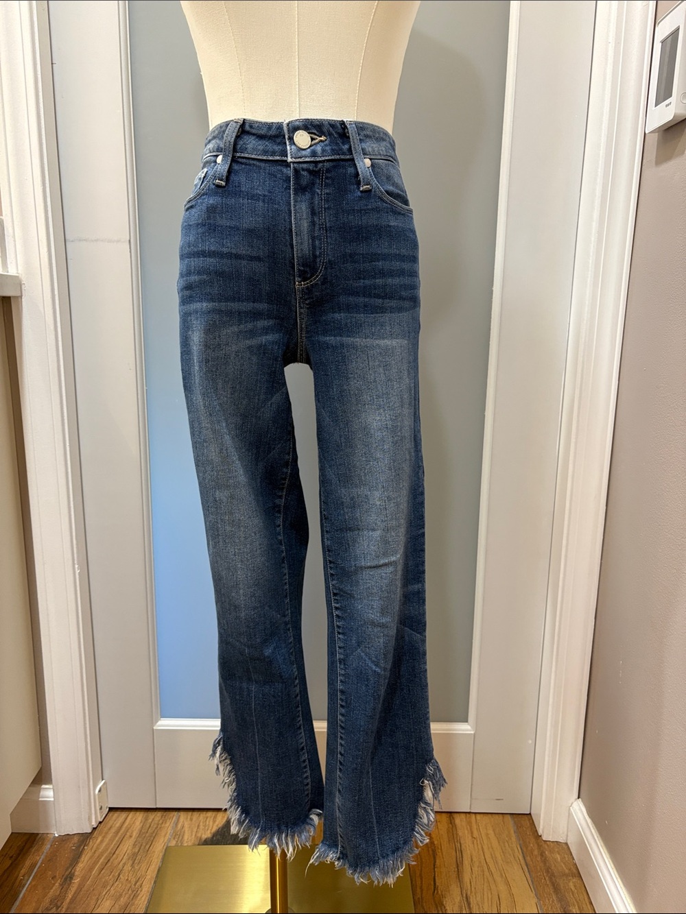 High-Rise Dark Wash Raw Hem Straight Leg Women’s Jeans